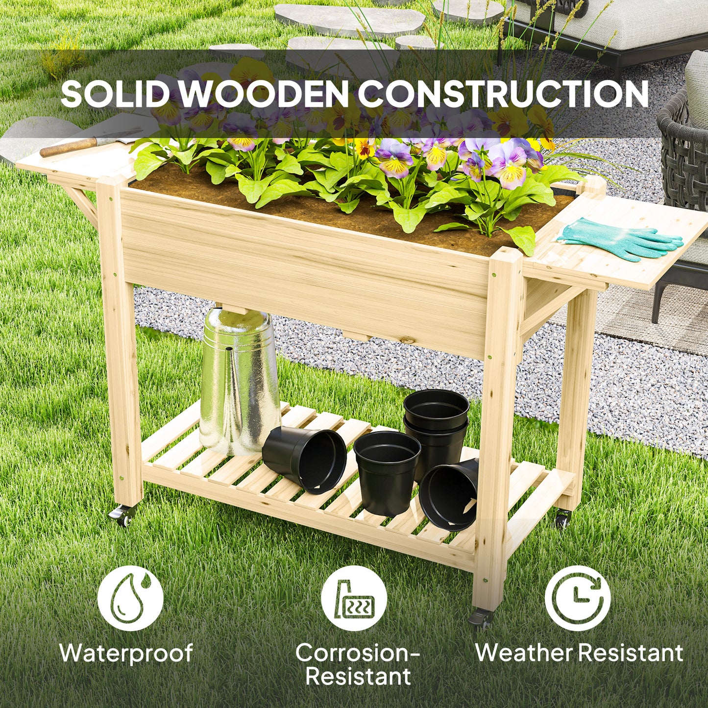 Outsunny 46 x 94cm Wooden Raised Planter With Shelves Natural Finish For Garden Patio Balcony Outdoor Use