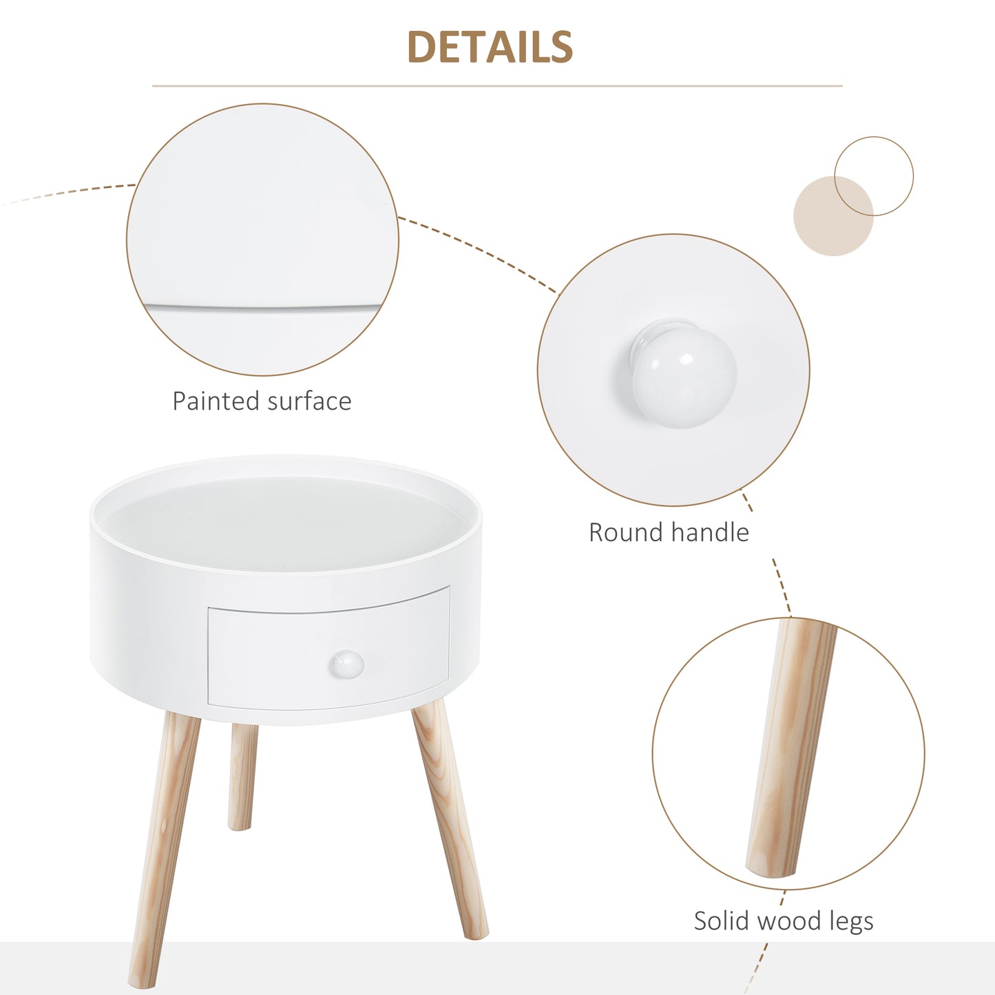 HOMCOM Round End Tables Set Of 2 With Drawer And Wood Legs White Modern Small Coffee Tables For Living Room Bedroom