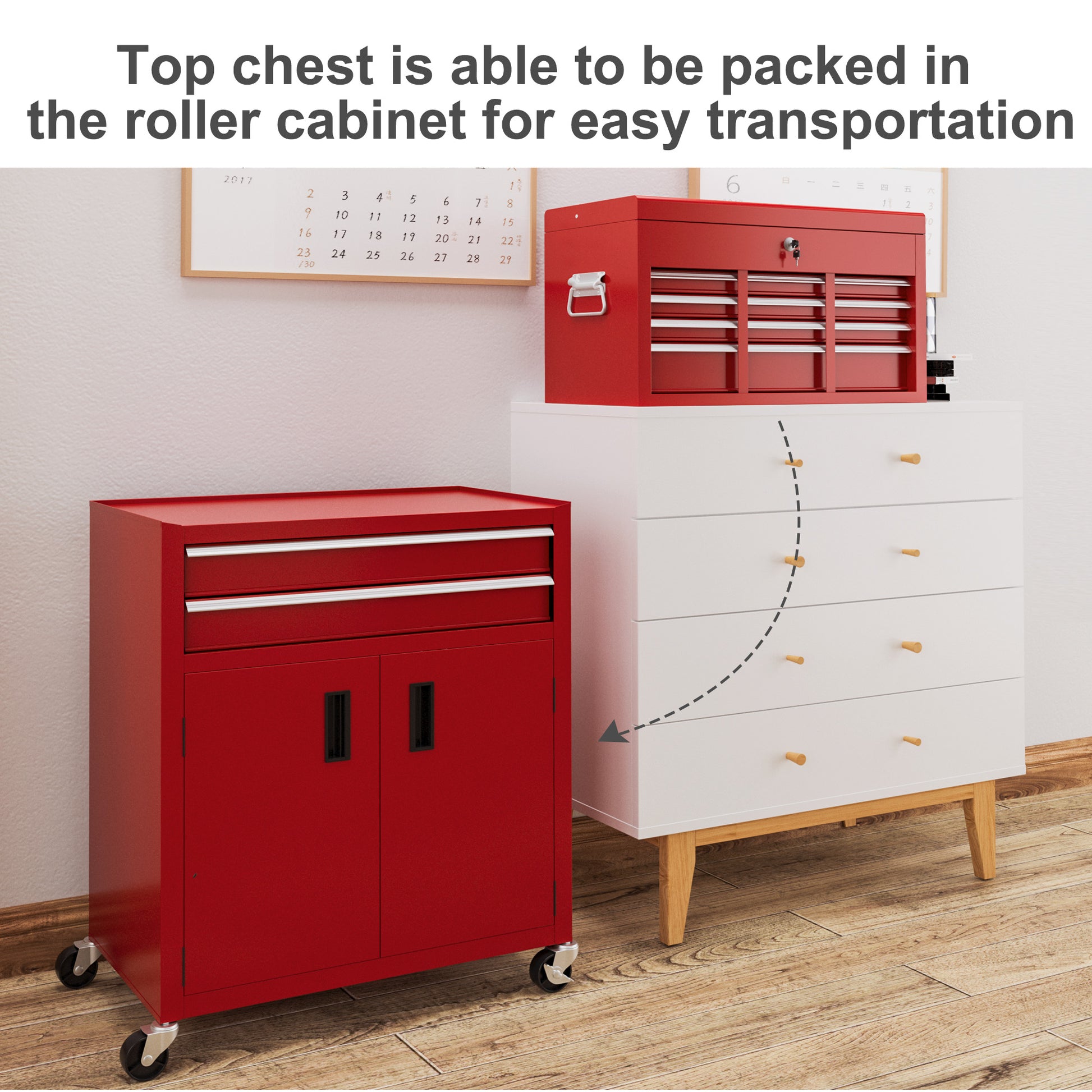 HOMCOM Rolling Metal Tool Chest with 6 Drawers and Lockable Cabinet for Garage and Workshop, Red - ALL4U RETAILER LTD