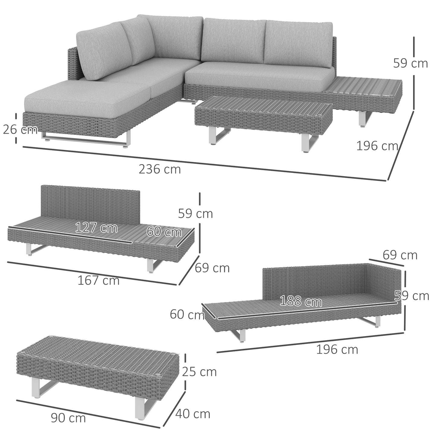 Outsunny Three Piece Rattan Sofa Set With Cushions And Table Light Grey Weather Resistant Outdoor Garden Furniture