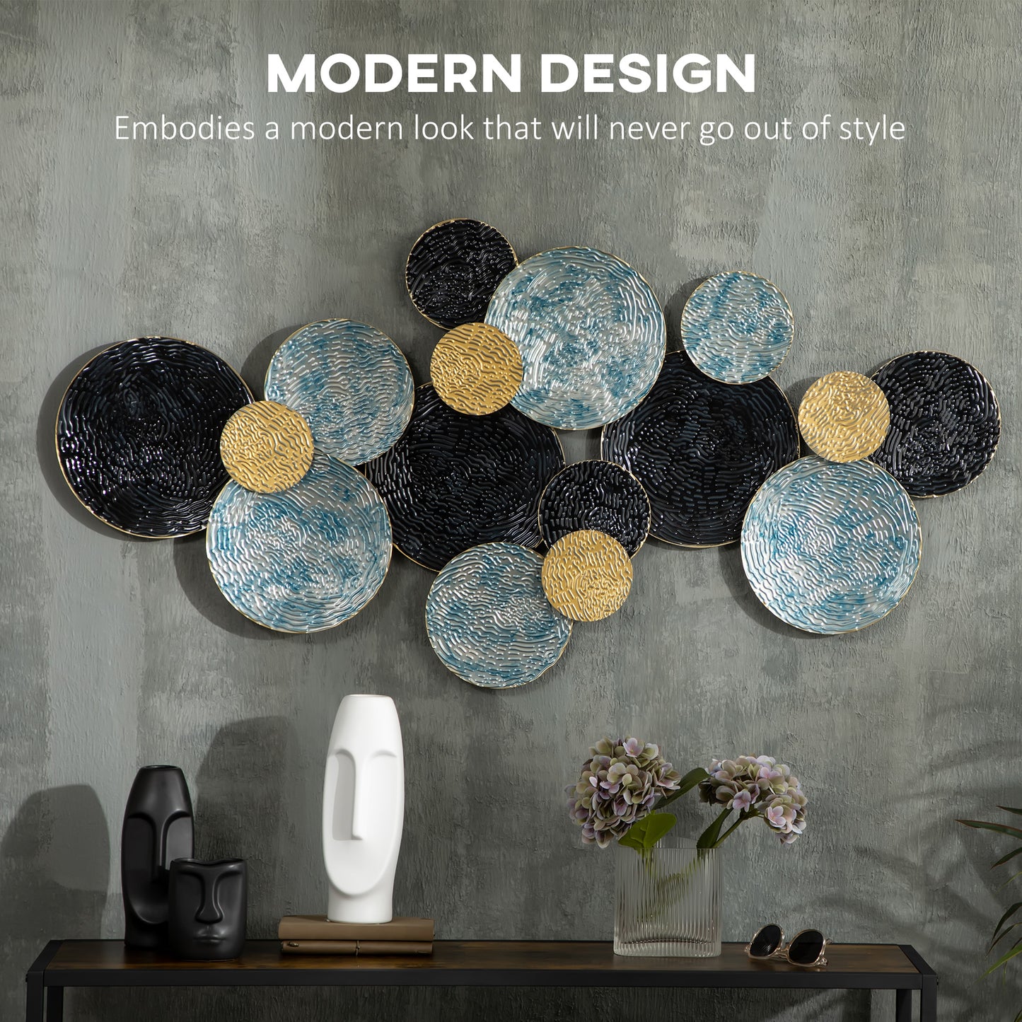 HOMCOM Sleek 3D Metal Circle Wall Sculpture Art for Modern Home Decor - Blue, Black, and Gold - ALL4U RETAILER LTD