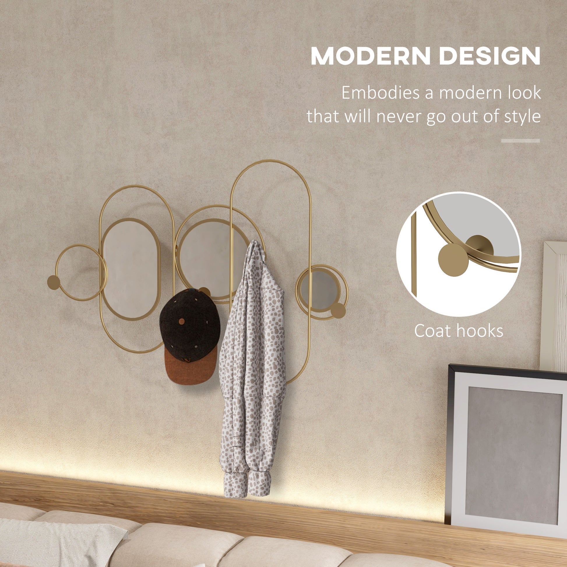 HOMCOM Elegant Gold-Toned Metal Wall Mirror with Coat Hooks for Contemporary Living Spaces - ALL4U RETAILER LTD