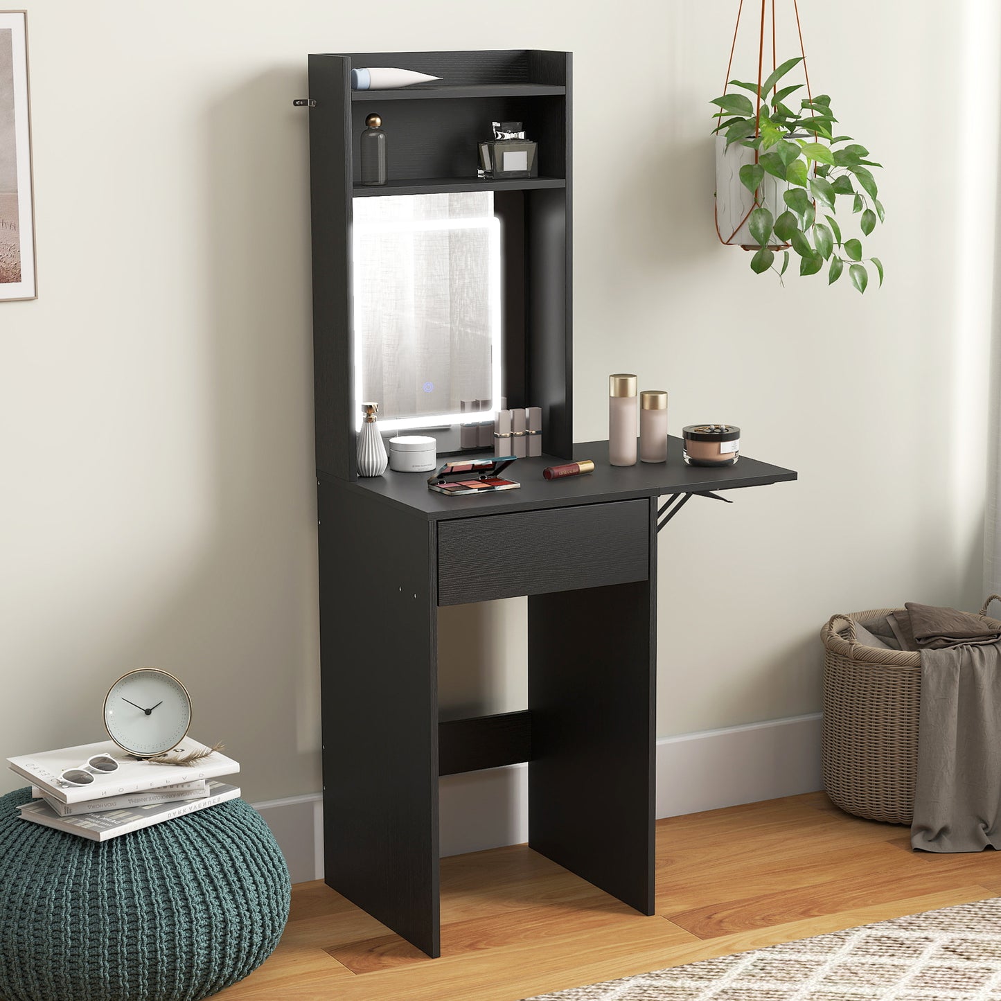 HOMCOM Small Vanity Desk With Mirror And LED Lights Compact Dressing Table With Drop Leaf Open Shelves And Drawer Black