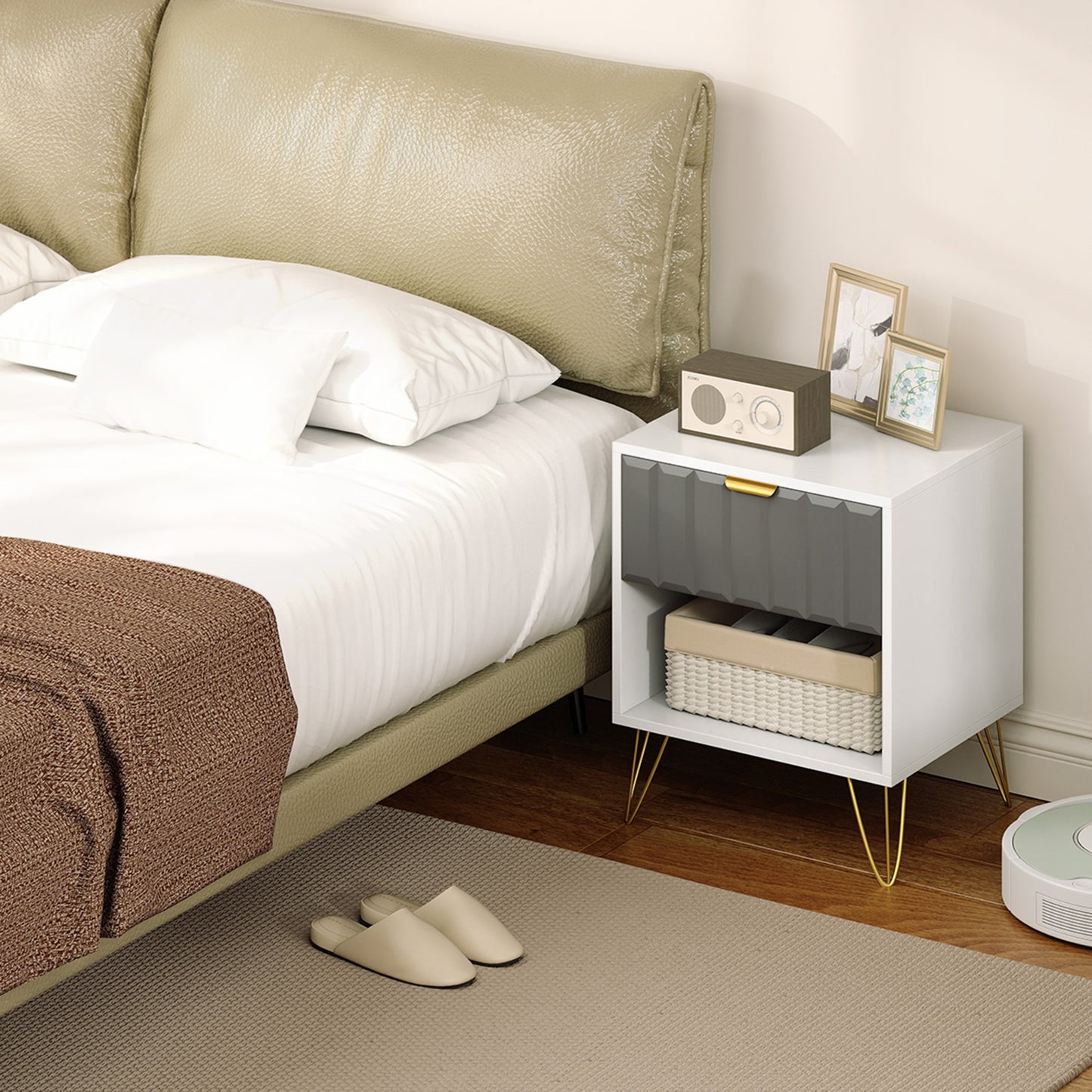 HOMCOM White Bedside Table With Drawer And Open Shelf Cabinet Modern Nightstand 45 x 40 x 55 cm
