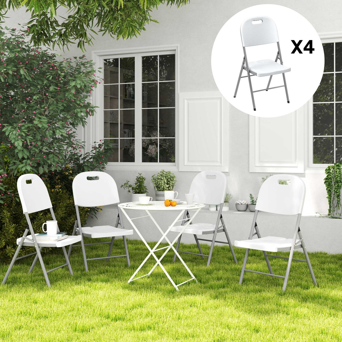 Outsunny Set Of Four Foldable Outdoor Chairs White Powder Coated Steel Frame With Carry Handles