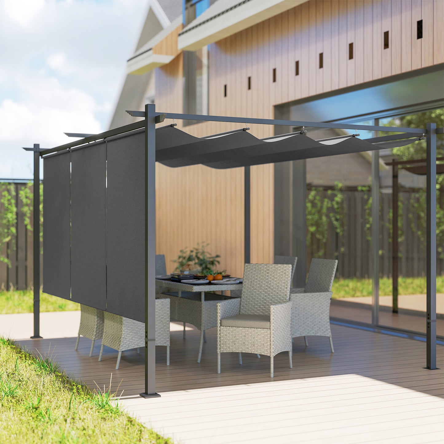 Outsunny 3 By 4m Metal Pergola With Retractable Roof And Roller Shade UPF30 Plus Outdoor Sun Shelter Grey