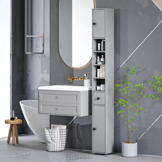 Kleankin 180cm Slim Bathroom Cabinet With Drawer Shelves And Cupboards Grey For Small Bathrooms