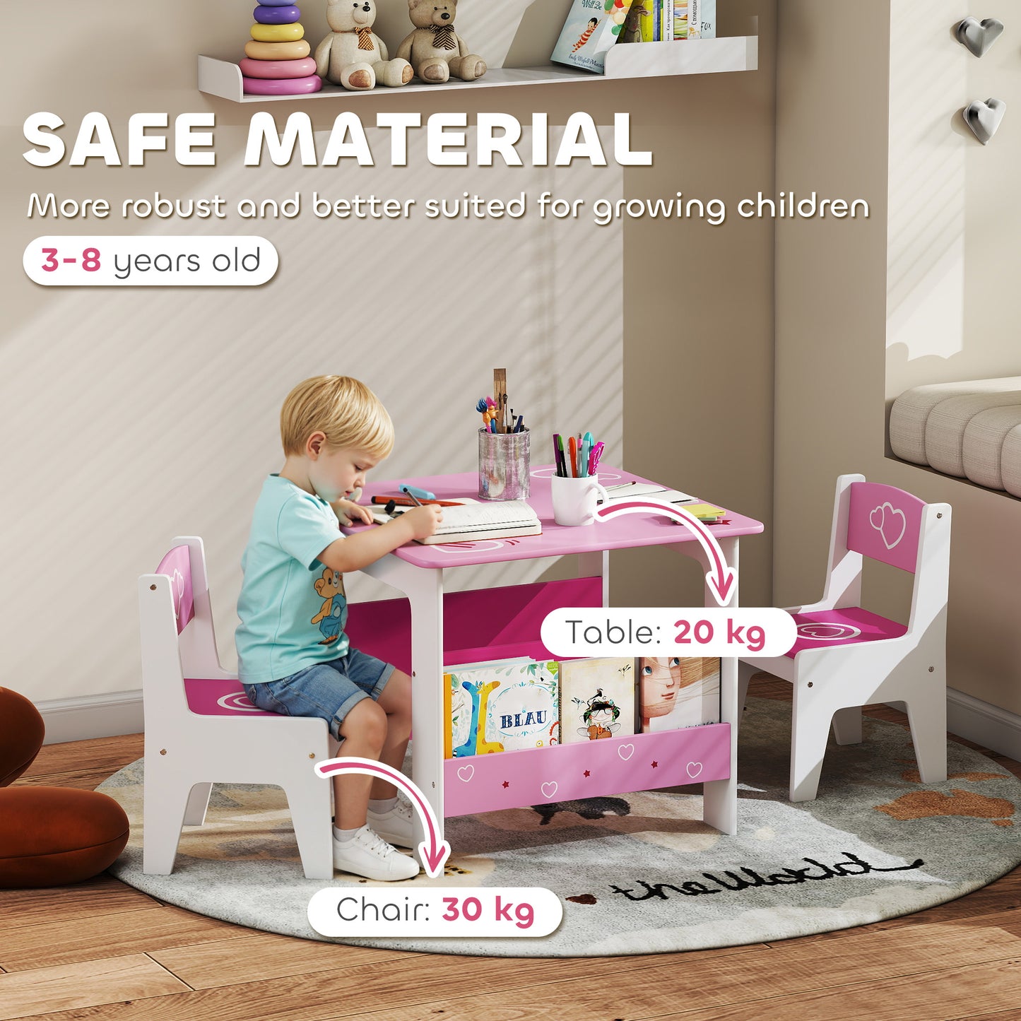 AIYAPLAY 3 Pieces Kids Table And Chair Set Pink With Built In Book Racks Toddler Activity Table For Living Room