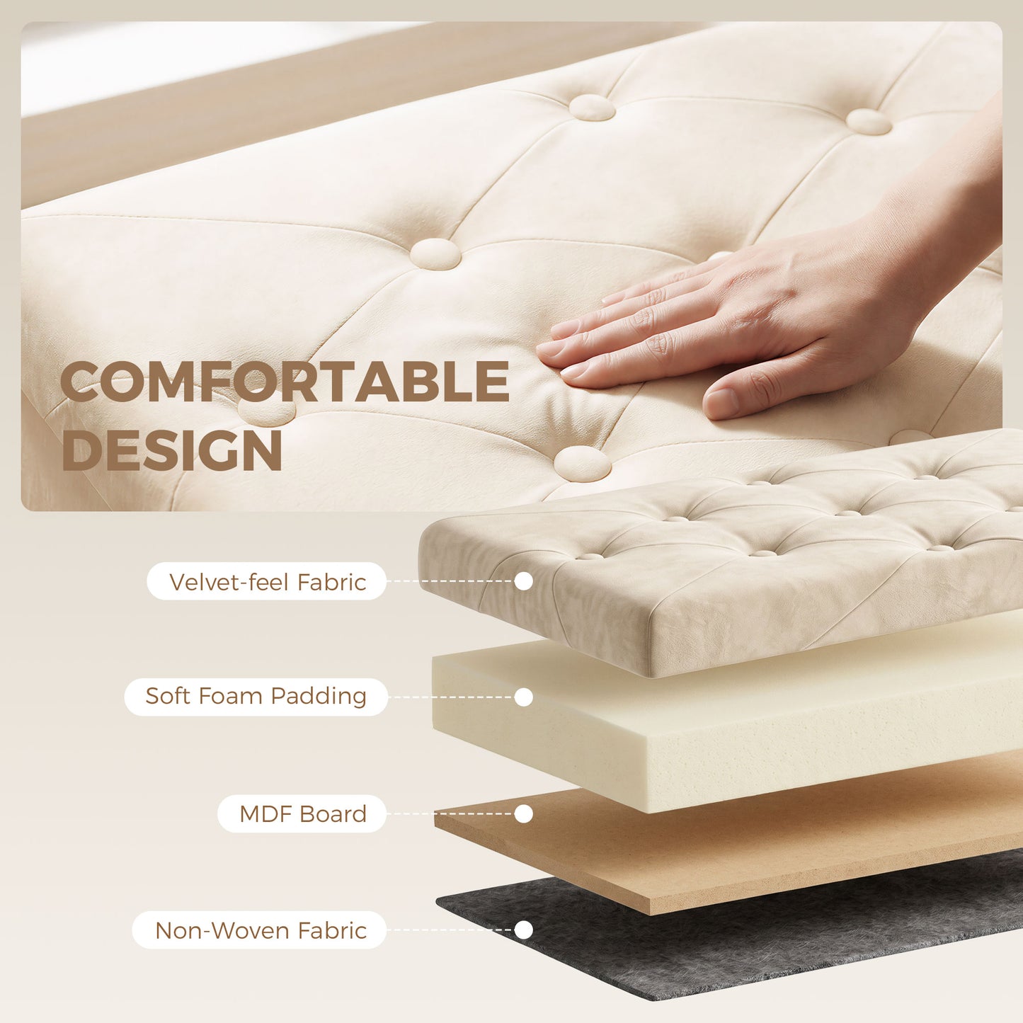 HOMCOM Velvet Upholstered Foldable Ottoman Footrest With Storage Bench Wood Legs Cream White Living Room