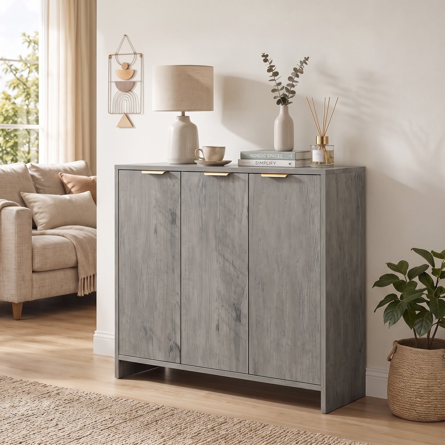 Homcom Sideboard Storage Cabinet With 3 Doors Adjustable Shelves Grey