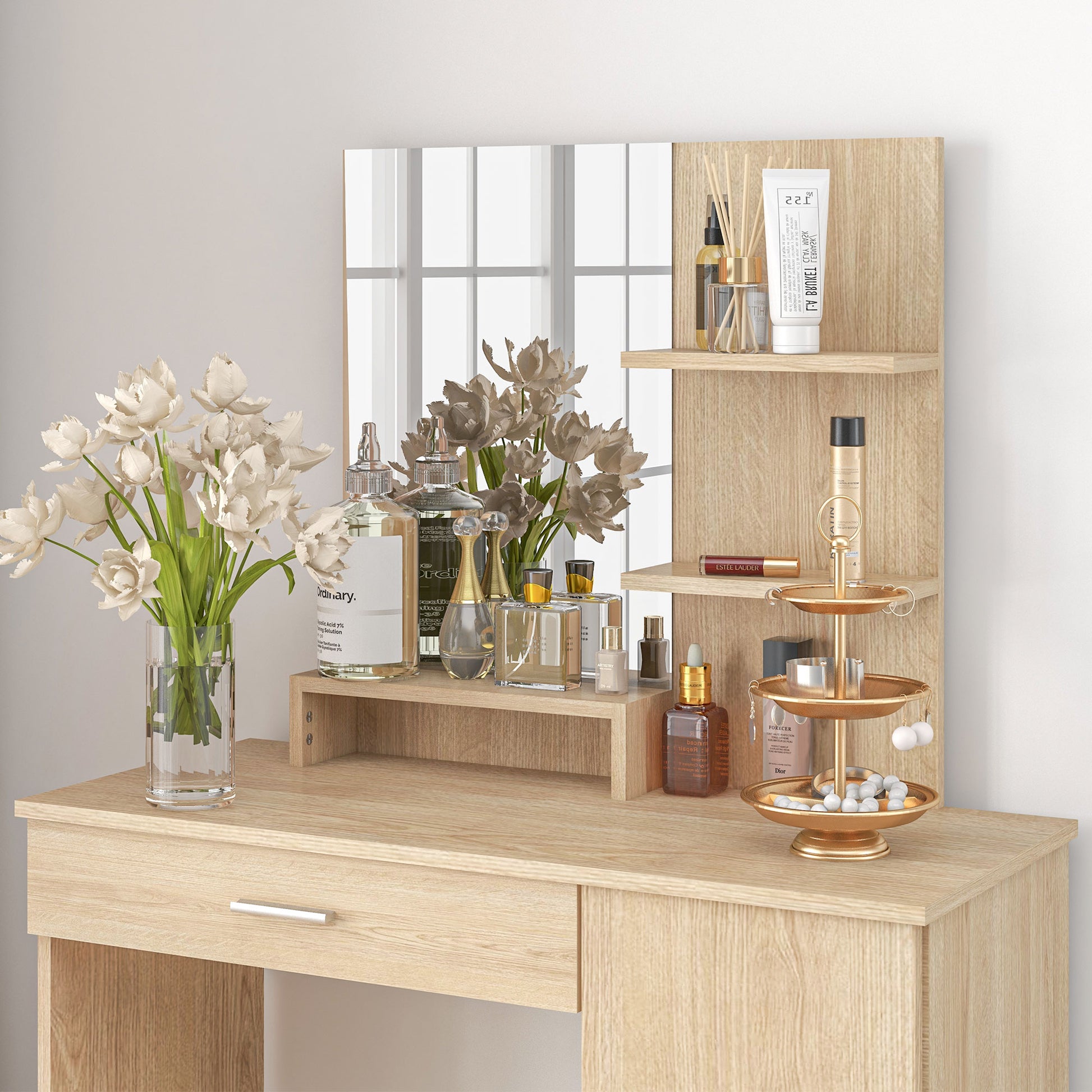 HOMCOM Contemporary Maple Wood-effect Vanity Table with Ample Storage and Mirror - ALL4U RETAILER LTD