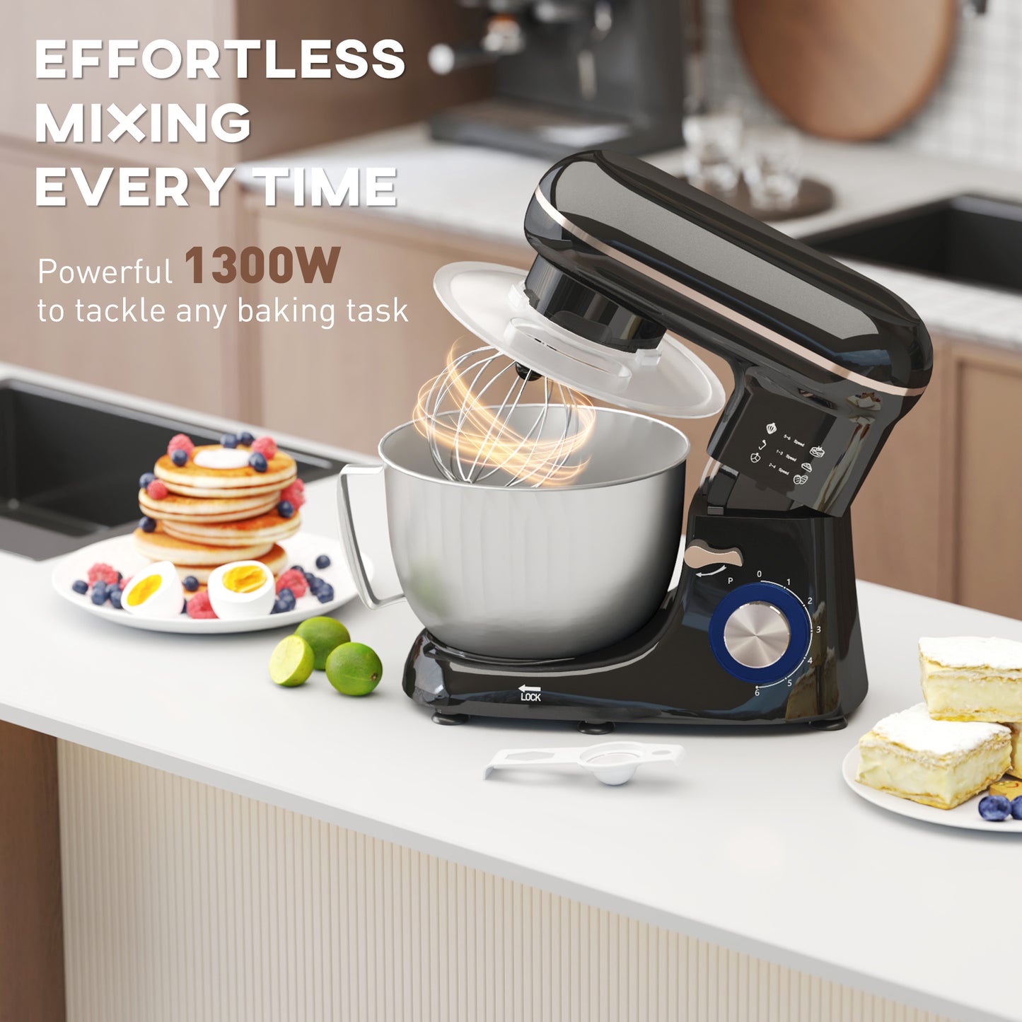 HOMCOM 1300W Kitchen Stand Mixer With Stainless Steel Bowl Six Speeds Pulsation Whisk Dough Hook Beater Included Black