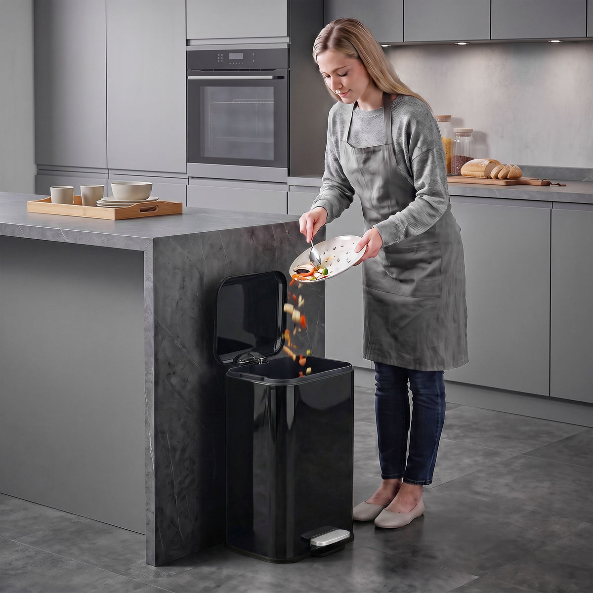 20L kitchen pedal bin with open lid and foot pedal, dark glossy finish