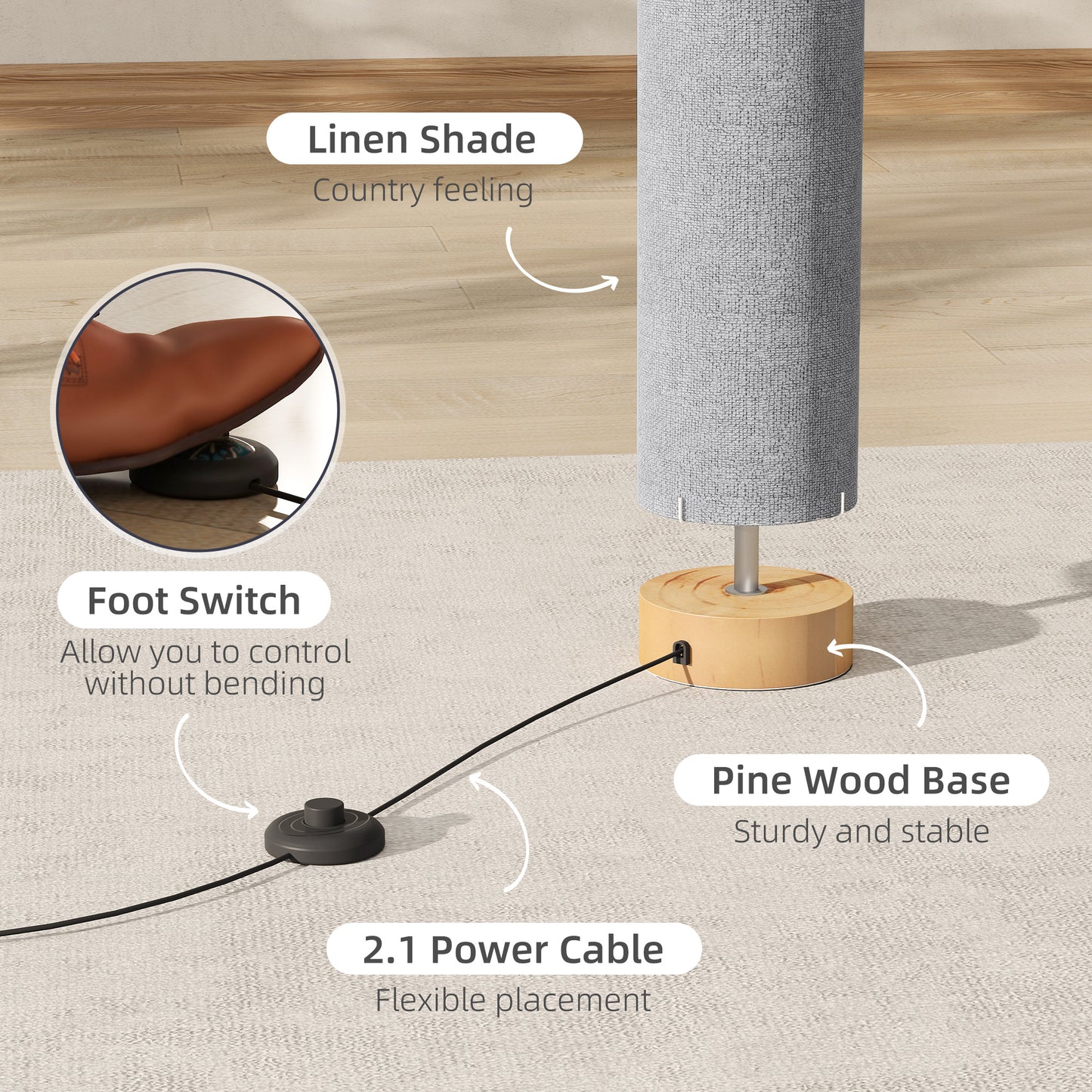 HOMCOM LED Floor Lamp 120cm Modern Standing Lamp With 3000K 4500K 6500K Colour Temperatures Linen Shade Wooden Base Grey