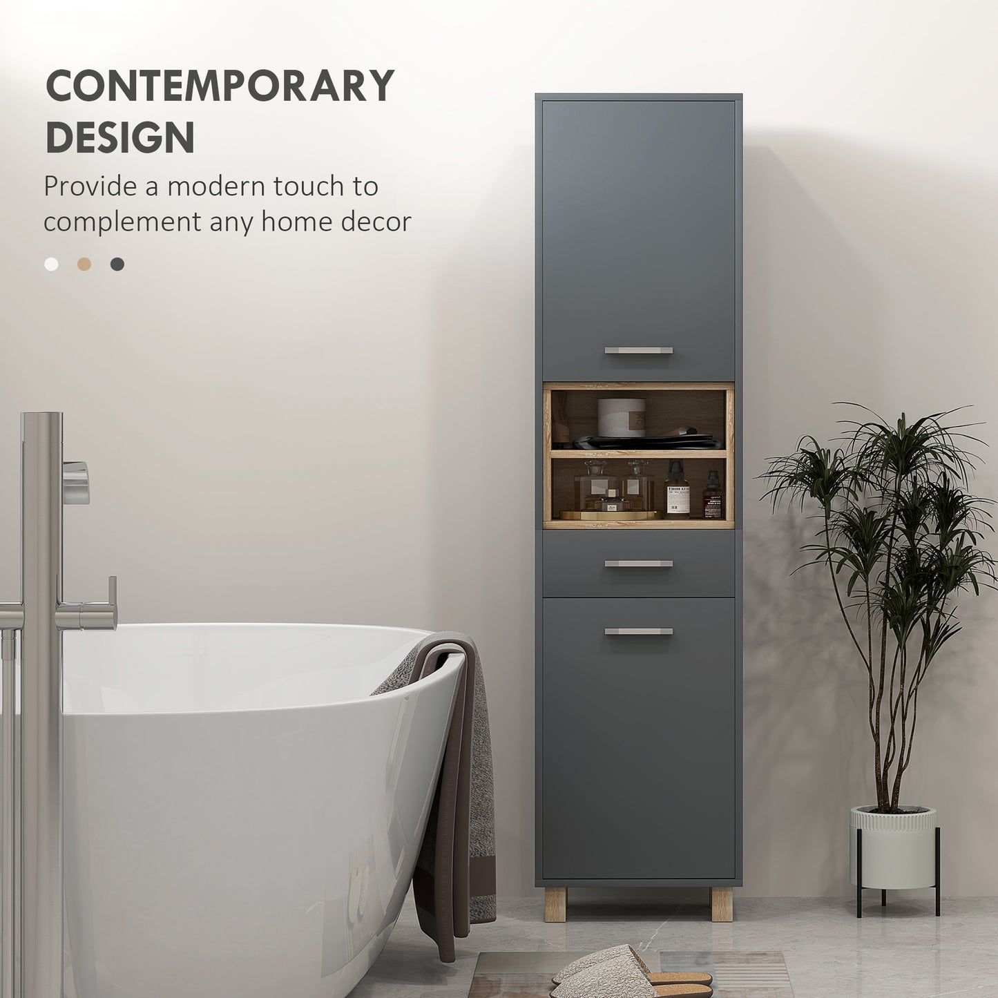 HOMCOM Tall Bathroom Storage Cabinet With MDF Triamine Board And Waterproof Sticker Matte Grey
