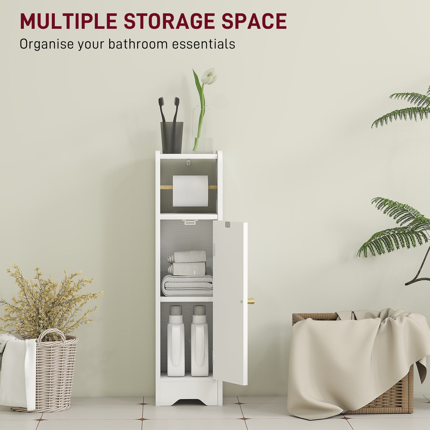 HOMCOM Slim White Bathroom Storage Cabinet With Toilet Roll Holder And Adjustable Shelf Two Tier