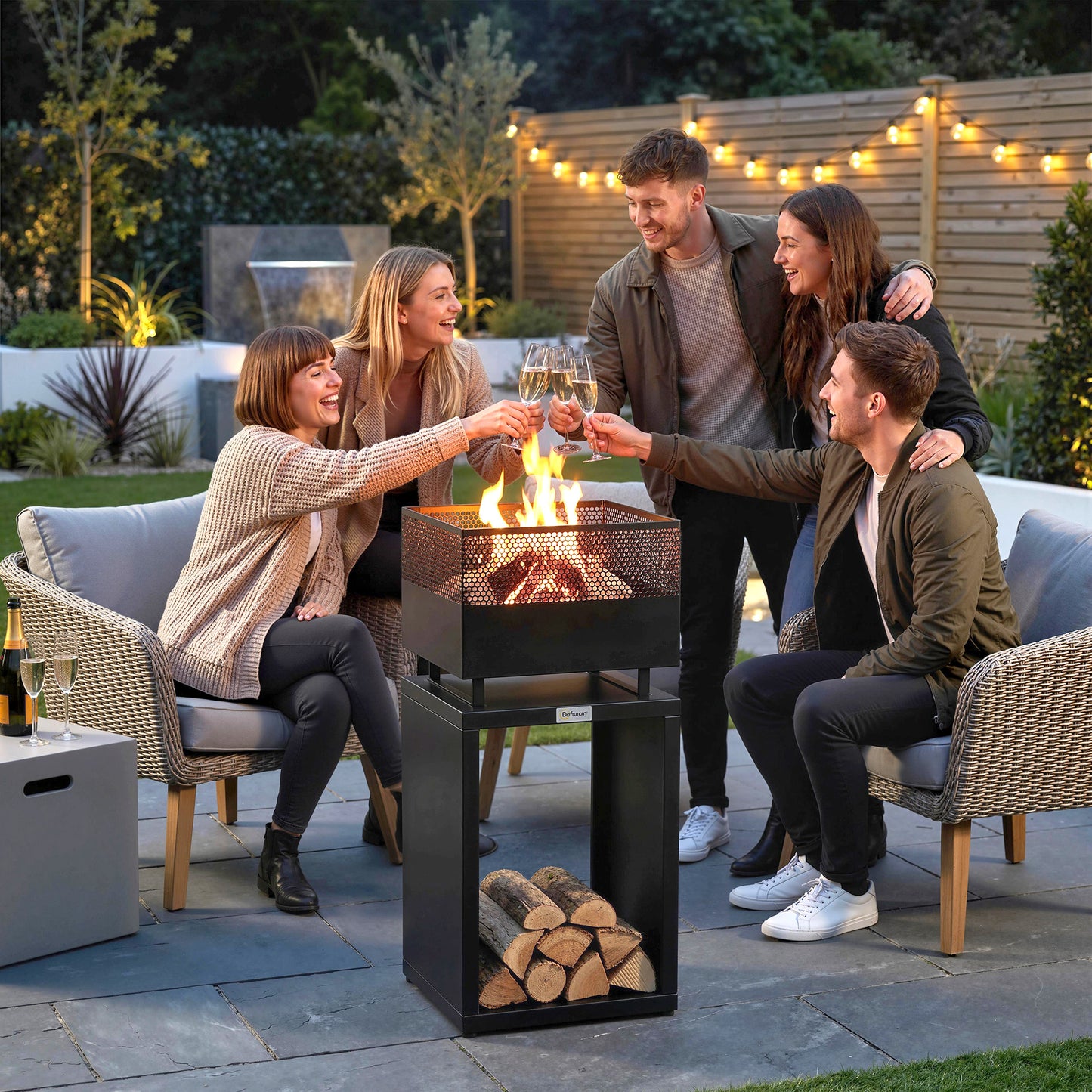 Outsunny Outdoor Fire Pit With Wood Storage 87 CM Black Heavy Gauge Metal Wood Burning With Mesh Sides