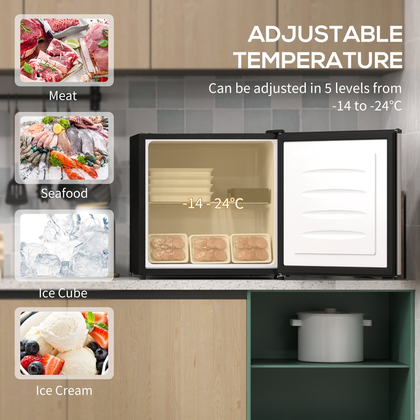 HOMCOM 35L Mini Freezer With Temperature Range Minus 24 To Minus 14 Degrees Celsius Silver Tone Countertop Space Saver
