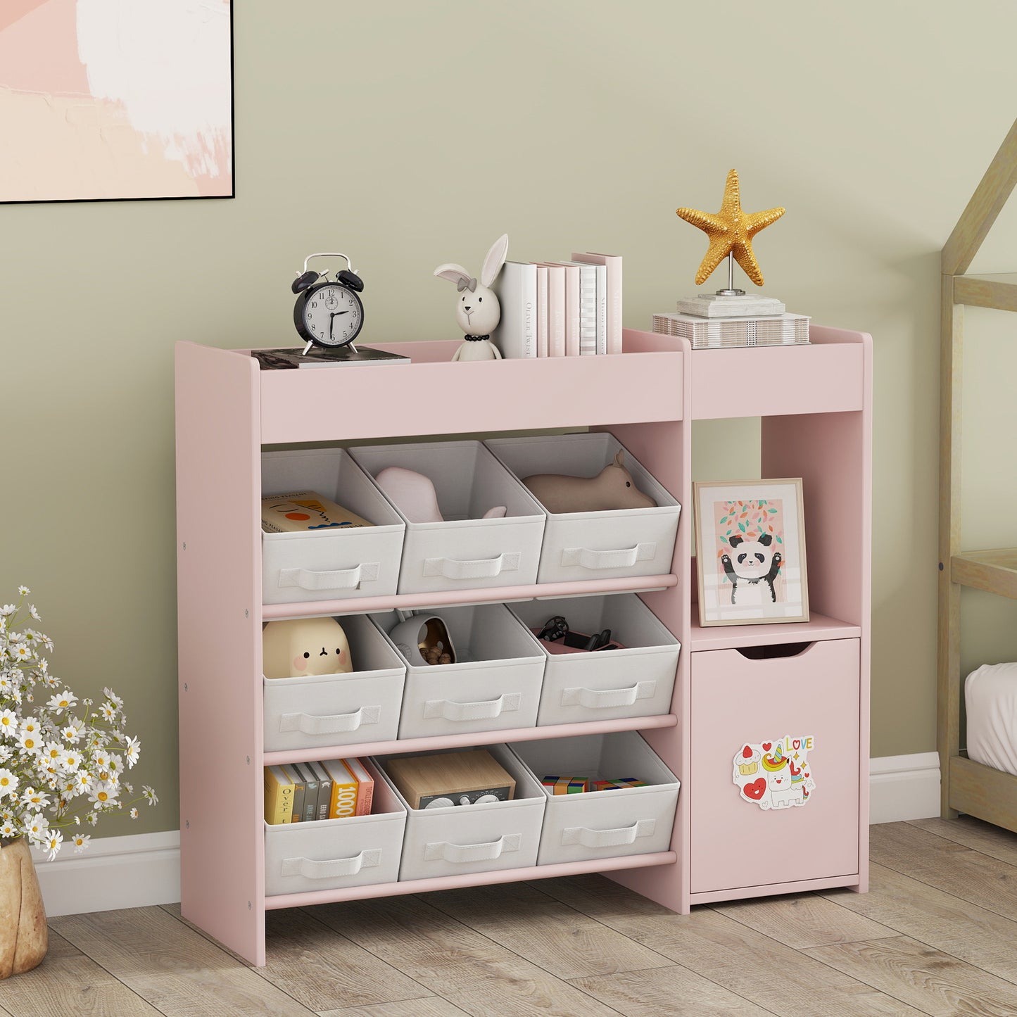 AIYAPLAY Kids Toy Storage With 9 Removable Fabric Bins Wooden Storage Unit For Toys And Books Pink Nursery Bedroom