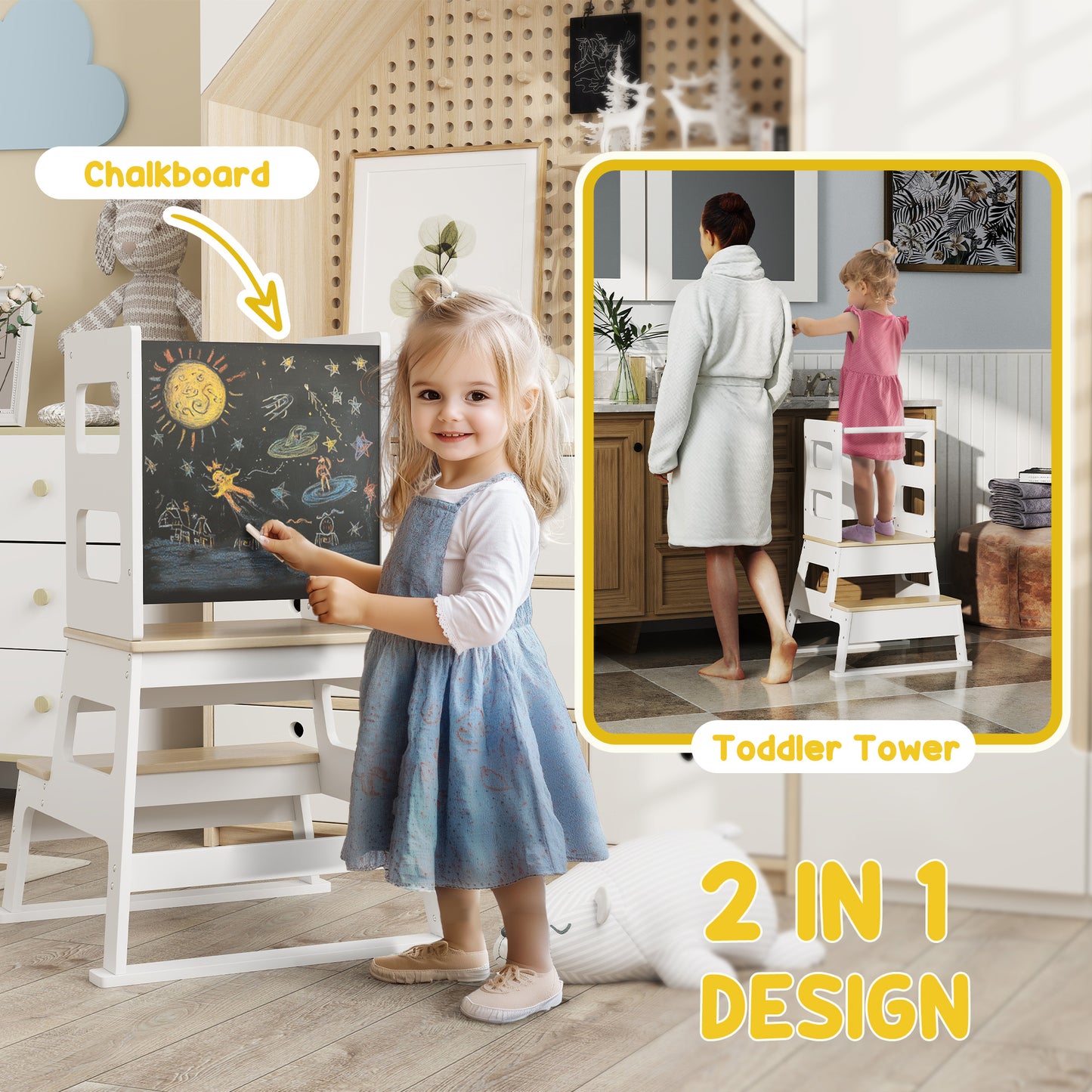 AIYAPLAY 2 In 1 Toddler Tower With Chalkboard Safety Rail For Kitchen Counter Bathroom Sink White