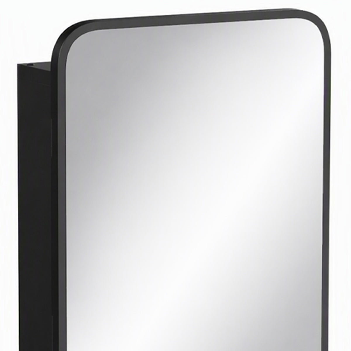 Close-up of black-edged bathroom mirror cabinet door with clear reflective glass
