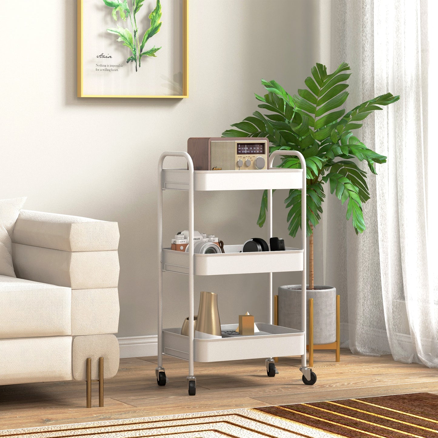 HOMCOM Three Tier Steel Storage Trolley White Rolling Cart With Small Medium Large Baskets Home Organization