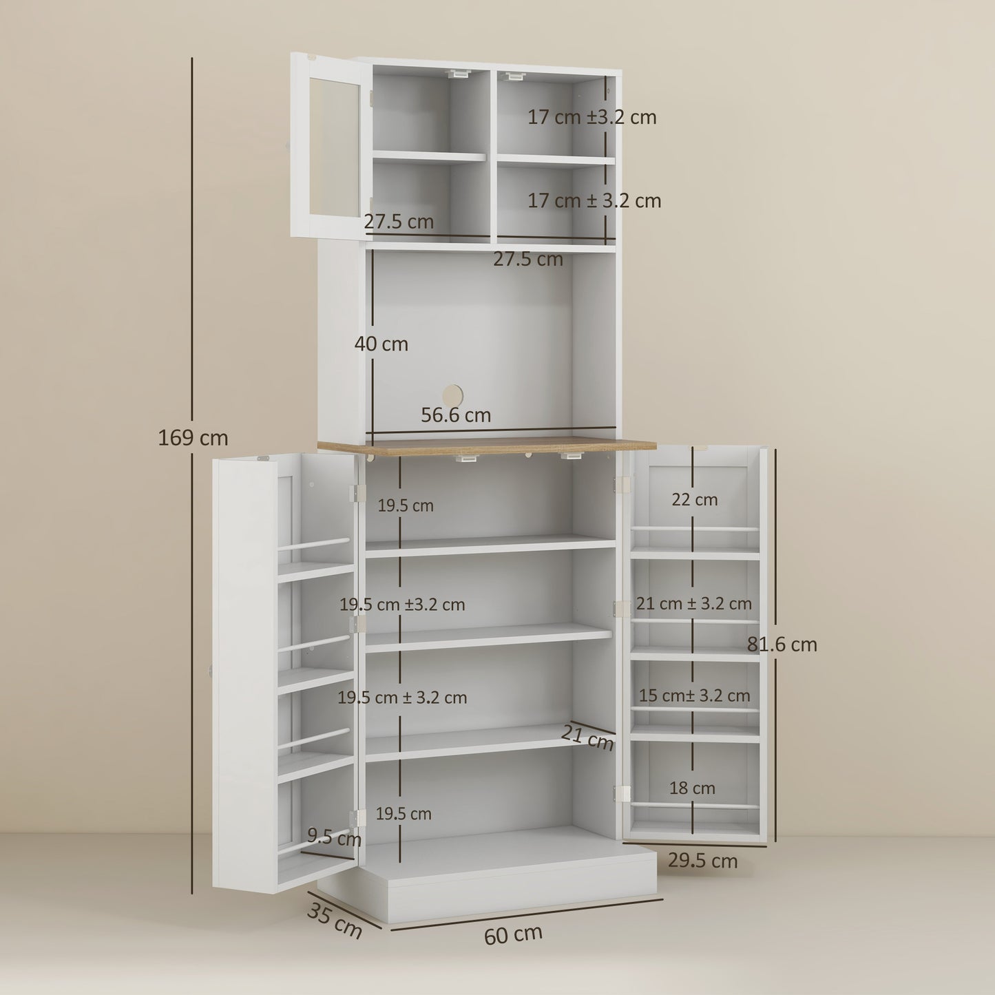 HOMCOM Two Part Kitchen Storage Cabinet White Pantry Cupboard With Microwave Compartment And Multiple Shelves