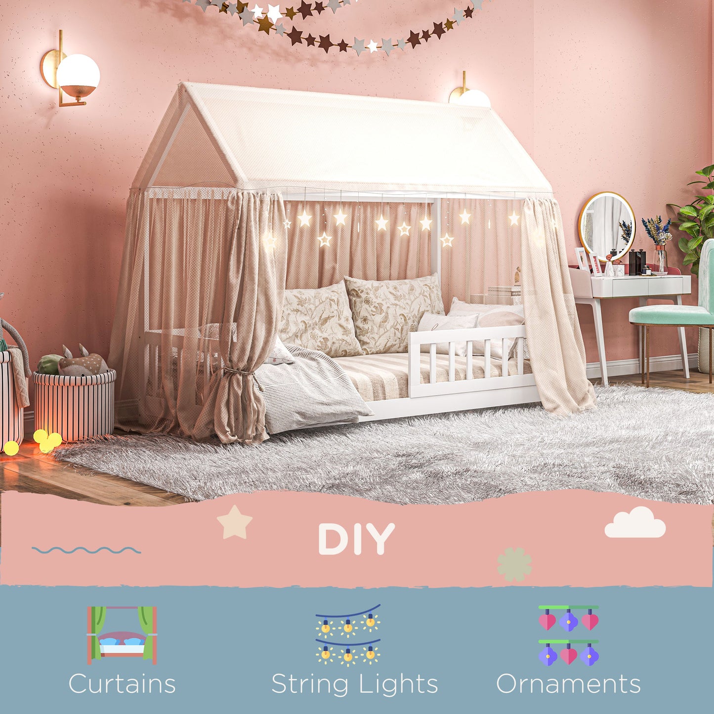 HOMCOM House Shaped Kids Bed Frame With Guard Rails In Solid Pine Wood Ideal Single Bed For Boys And Girls