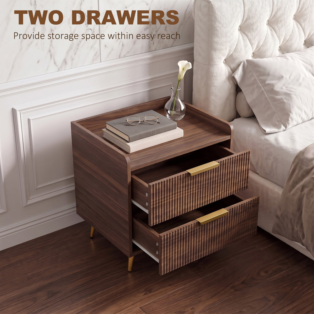 HOMCOM Two Drawer Bedside Table Walnut Brown Nightstand With Gold Handles