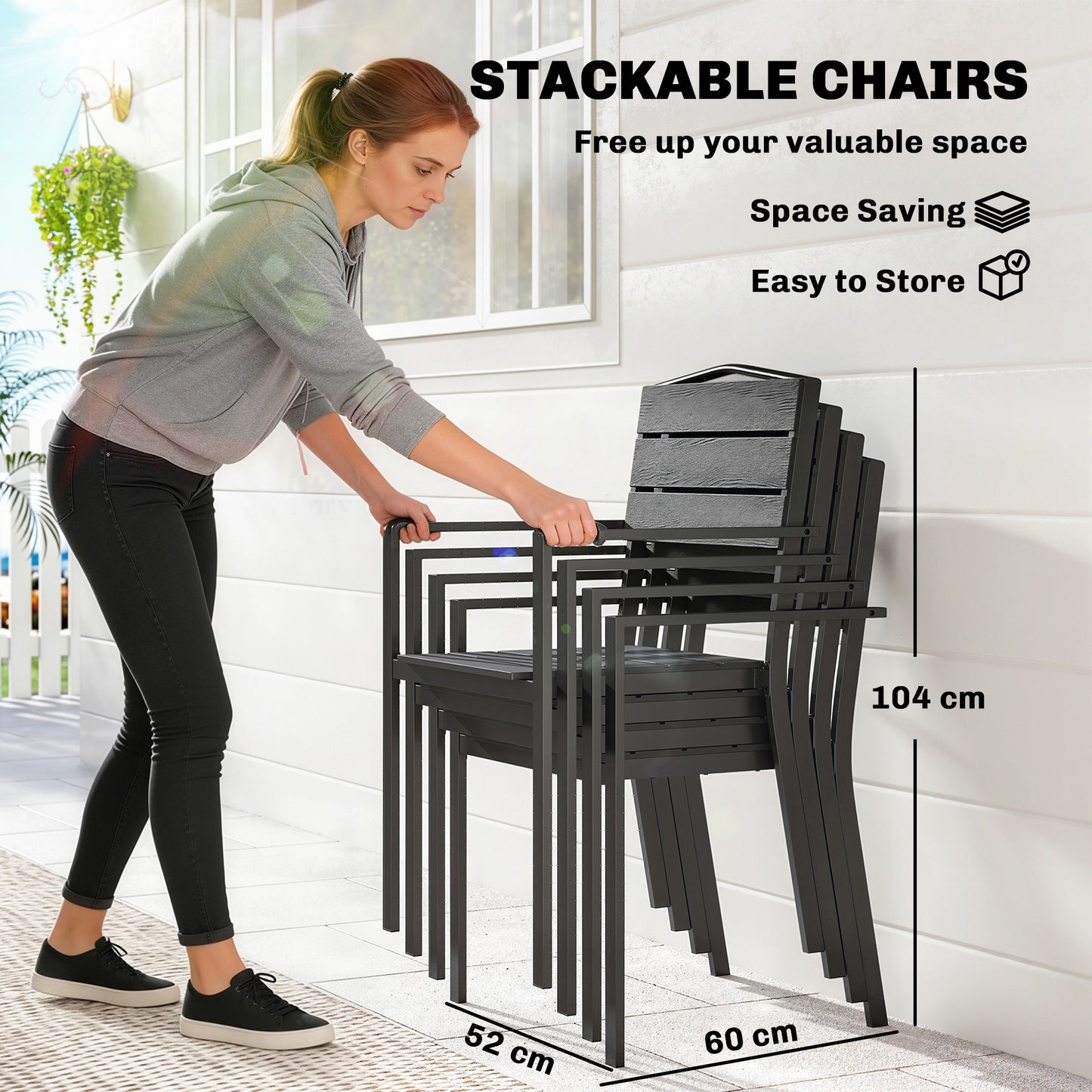 Outsunny Stackable Garden Chairs Set Of 4 Dining Chairs With Slatted HDPE Seat Back And Armrests Metal Frame Black