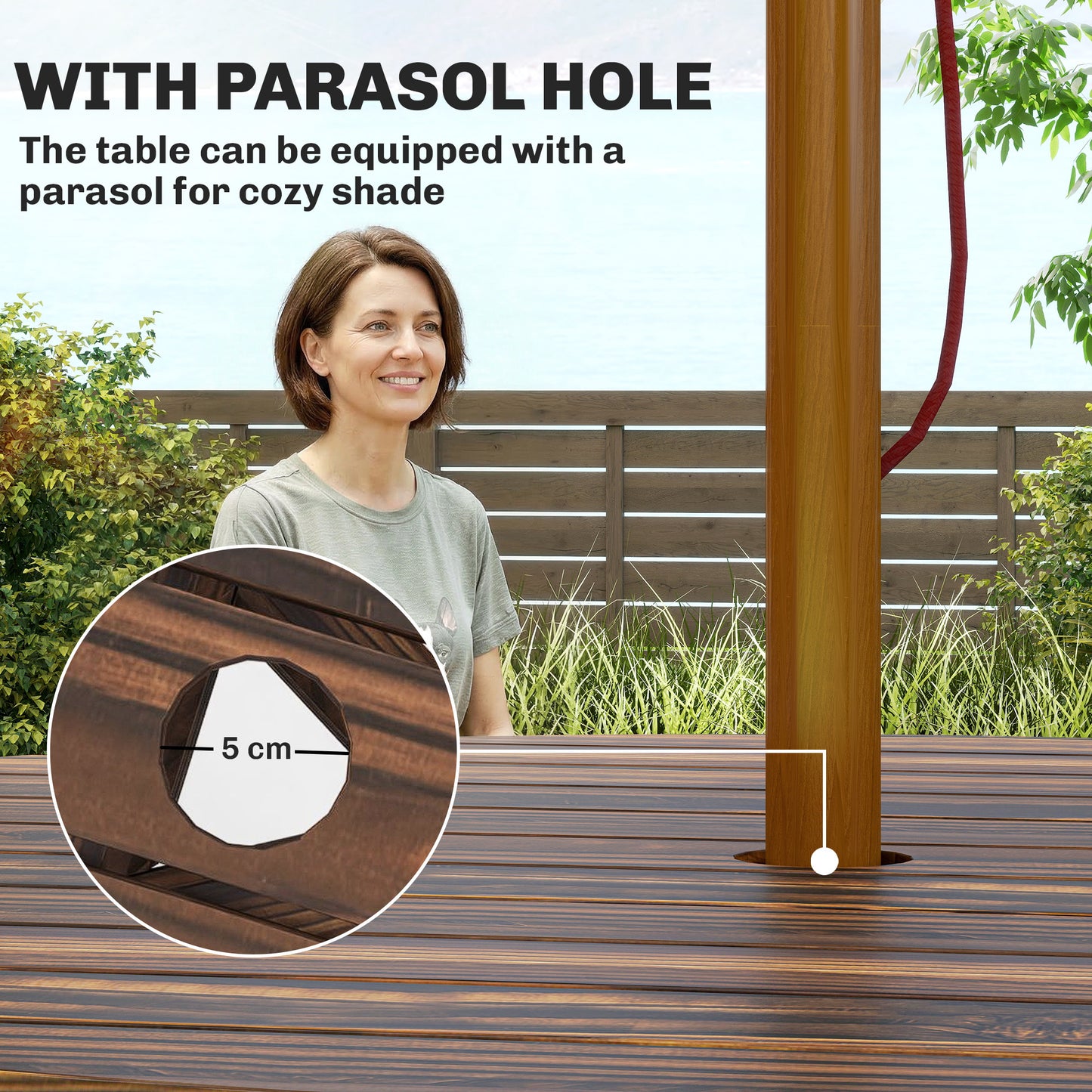 Outsunny 6 Seater Wooden Round Dining Set with Bench and Parasol Hole for Outdoor Garden Patio Carbonized