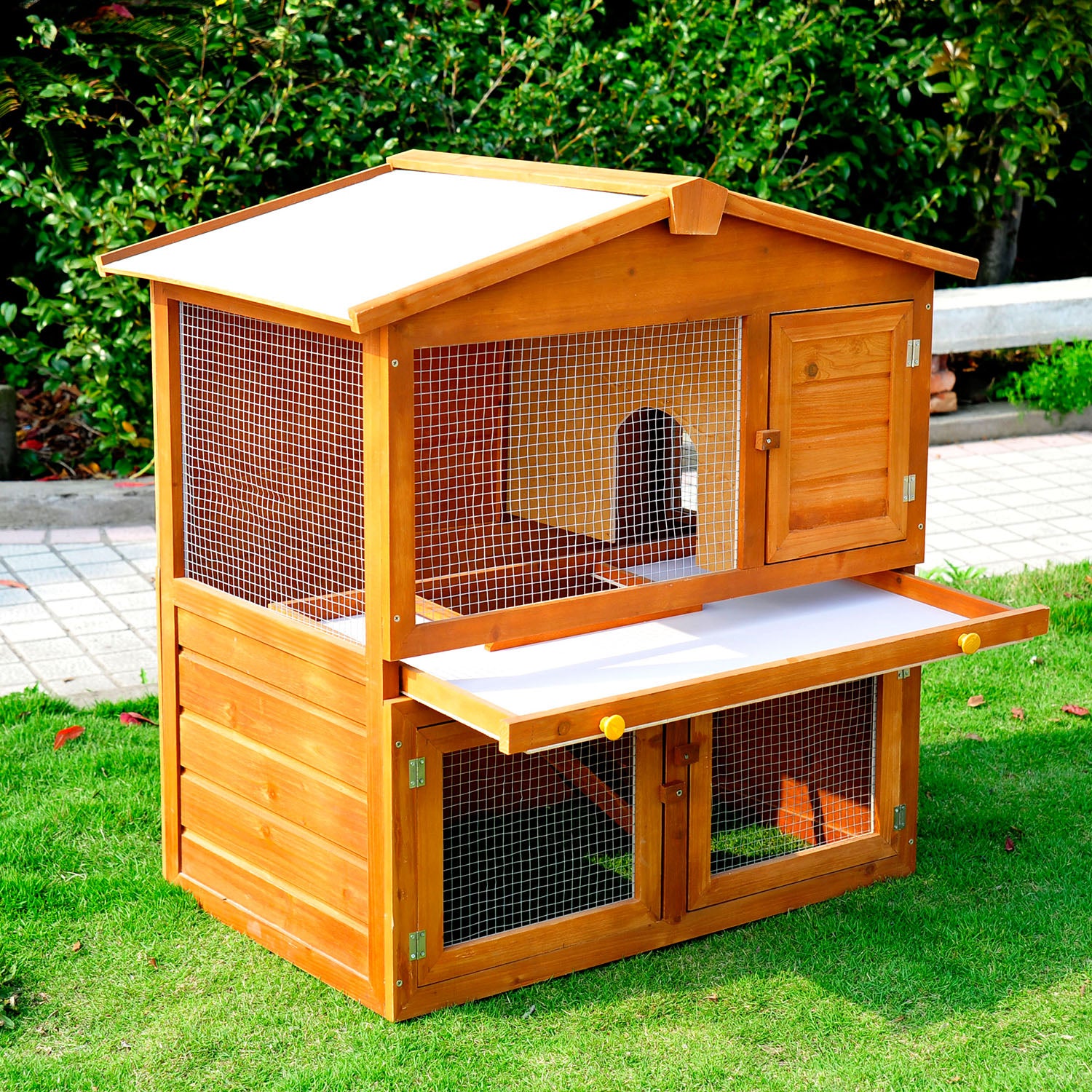 PawHut Deluxe 2-Story Wooden Rabbit Hutch with Run and Sliding Tray for Small Animals - ALL4U RETAILER LTD