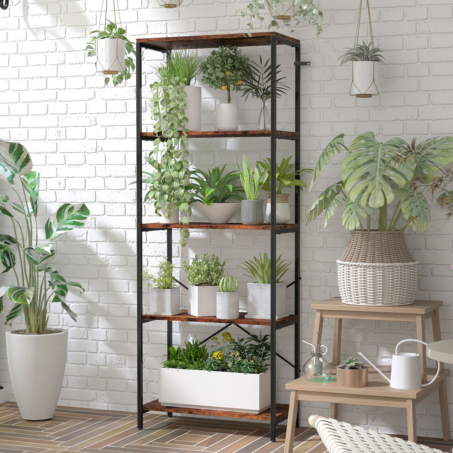 HOMCOM Five Tier Bookshelf Industrial Bookcase With Metal Frame Rustic Brown And Black