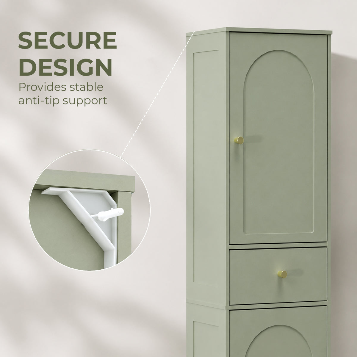 HOMCOM Tall Bathroom Storage Cabinet with Drawer and Arched Doors Light Green