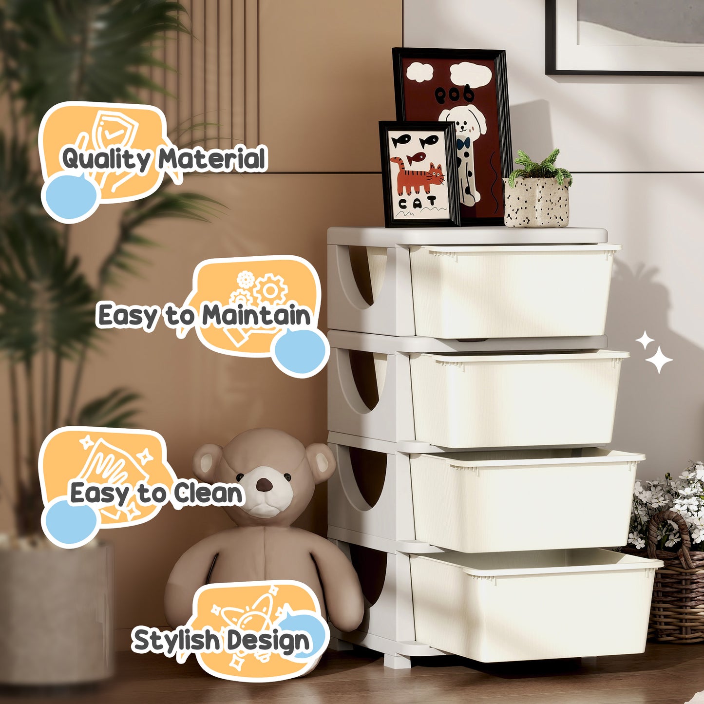 HOMCOM Four Tier Kids Storage Boxes With Four Drawers White PP Material Toy Organizer For Playroom
