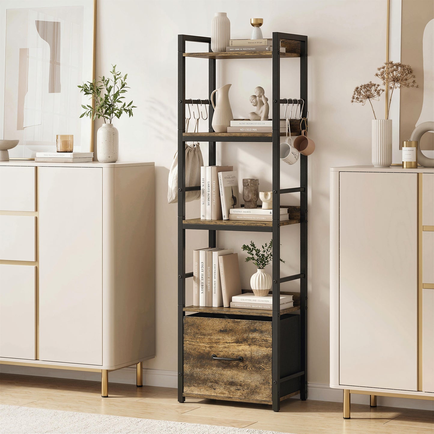 HOMCOM 4 Tier Narrow Bookshelf with Drawer and 8 Hooks, Metal Frame, Rustic Brown Finish