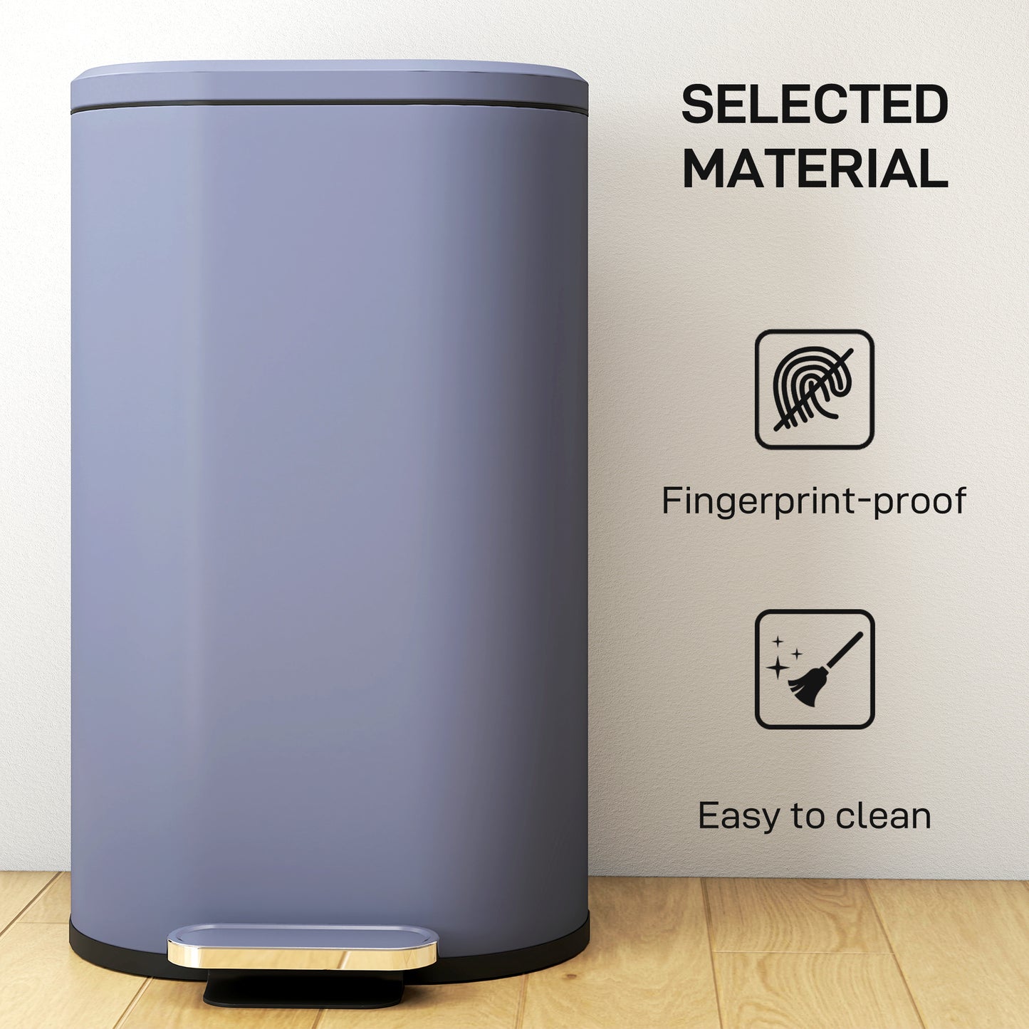 HOMCOM 30 L Modern Curved Kitchen Bin With Silent Soft Close Lid Grey Finish Fingerprint Resistant Metal Pedal Operated