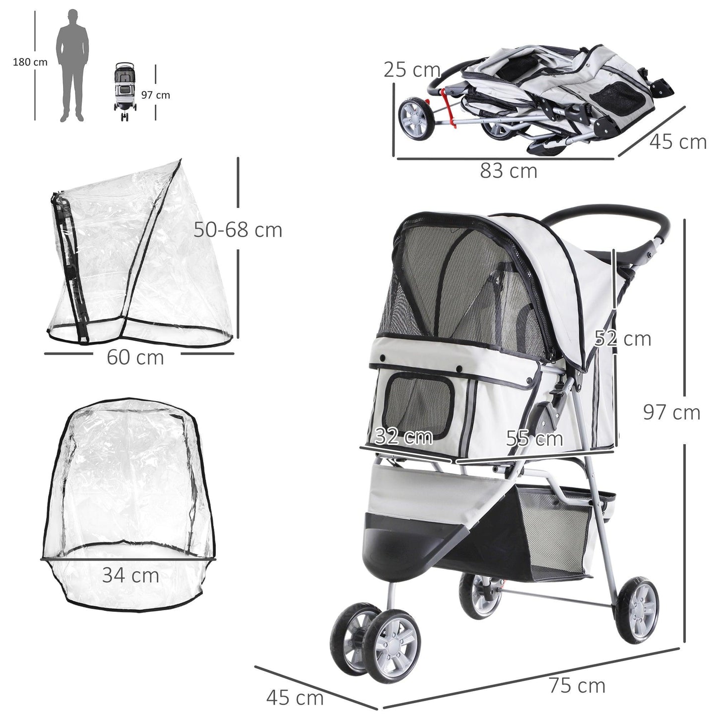 PawHut Dog Stroller with Cover, Grey - ALL4U RETAILER LTD