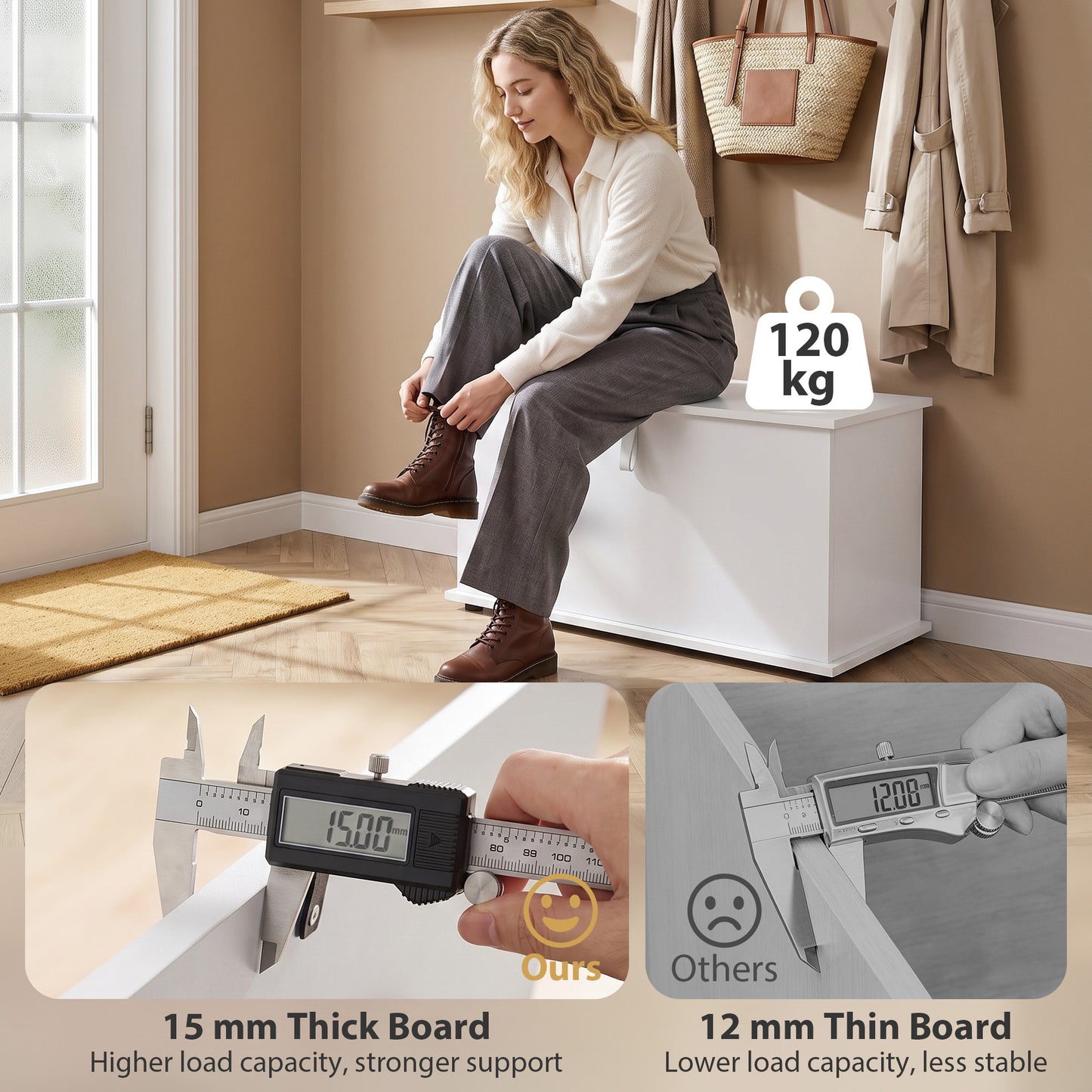HOMCOM 102L Storage Chest Bench White Wooden Shoe Box With Safety Lid