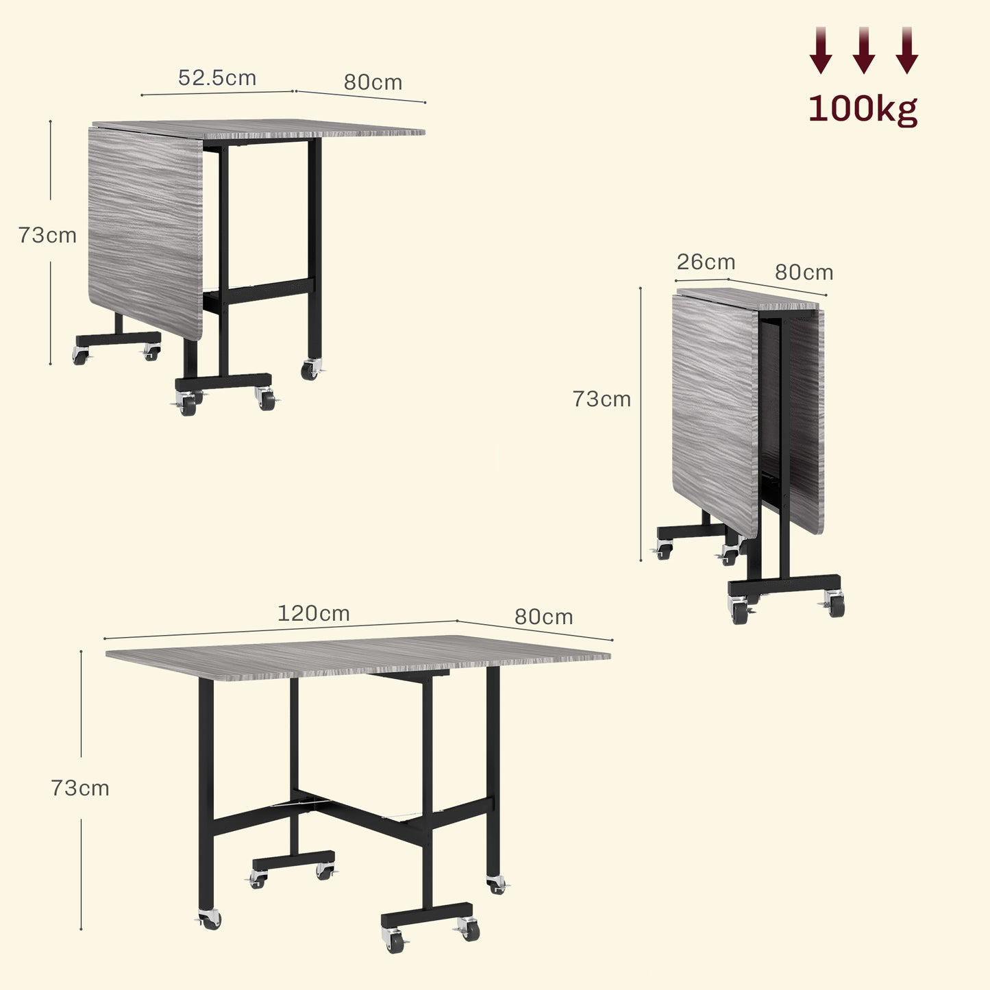 HOMCOM Six Seater Drop Leaf Dining Table With Wheels Grey Wood Effect Foldable To 26cm For Small Spaces