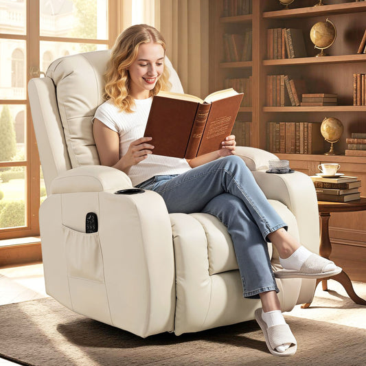 Cream PU leather vibrating massage recliner chair with extended footrest and side pockets.