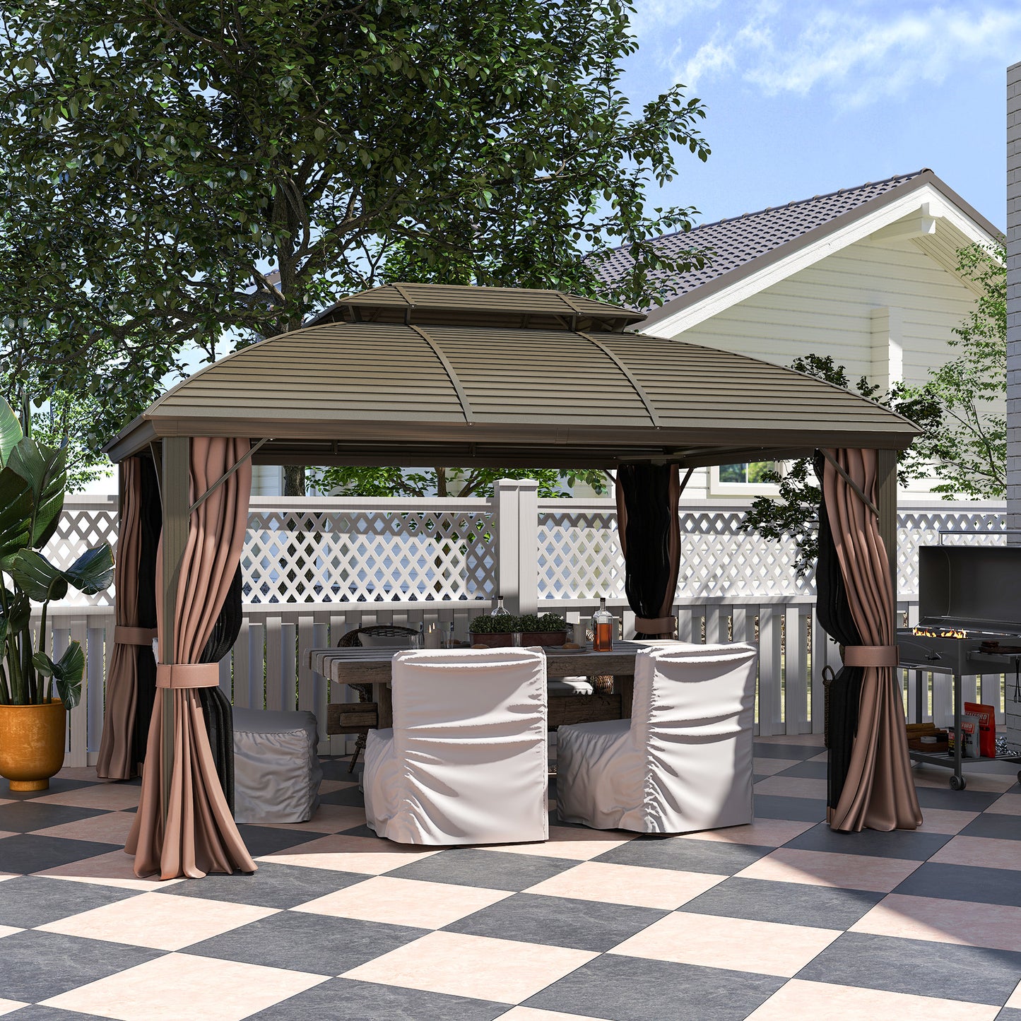 Outsunny 3.65m X 3m Hardtop Steel Gazebo Canopy With Aluminium Frame Double Roof Net Sidewalls And Curtains Coffee