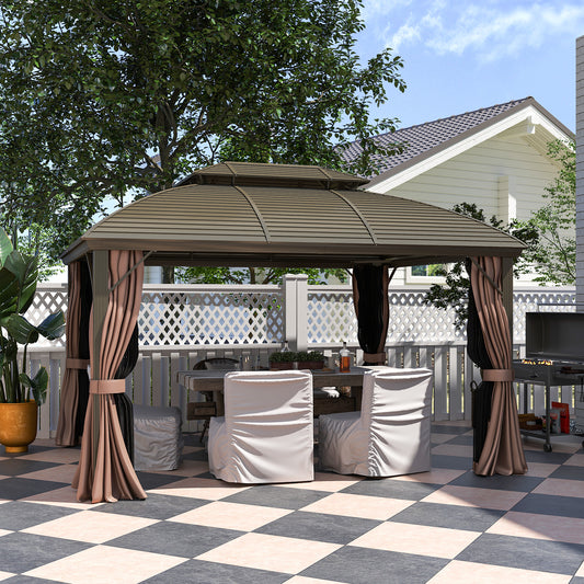 Outsunny 3.65m X 3m Hardtop Steel Gazebo Canopy With Aluminium Frame Double Roof Net Sidewalls And Curtains Coffee