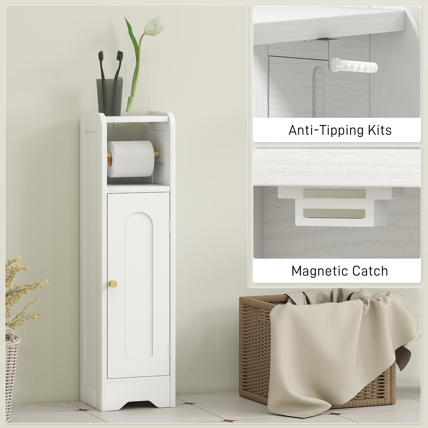 HOMCOM Slim White Bathroom Storage Cabinet With Toilet Roll Holder And Adjustable Shelf Two Tier
