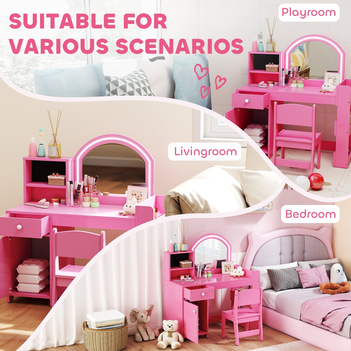 AIYAPLAY Kids Vanity Table and Chair Set with LED Mirror Pink and Storage Includes Stool Cabinet Drawer Shelves