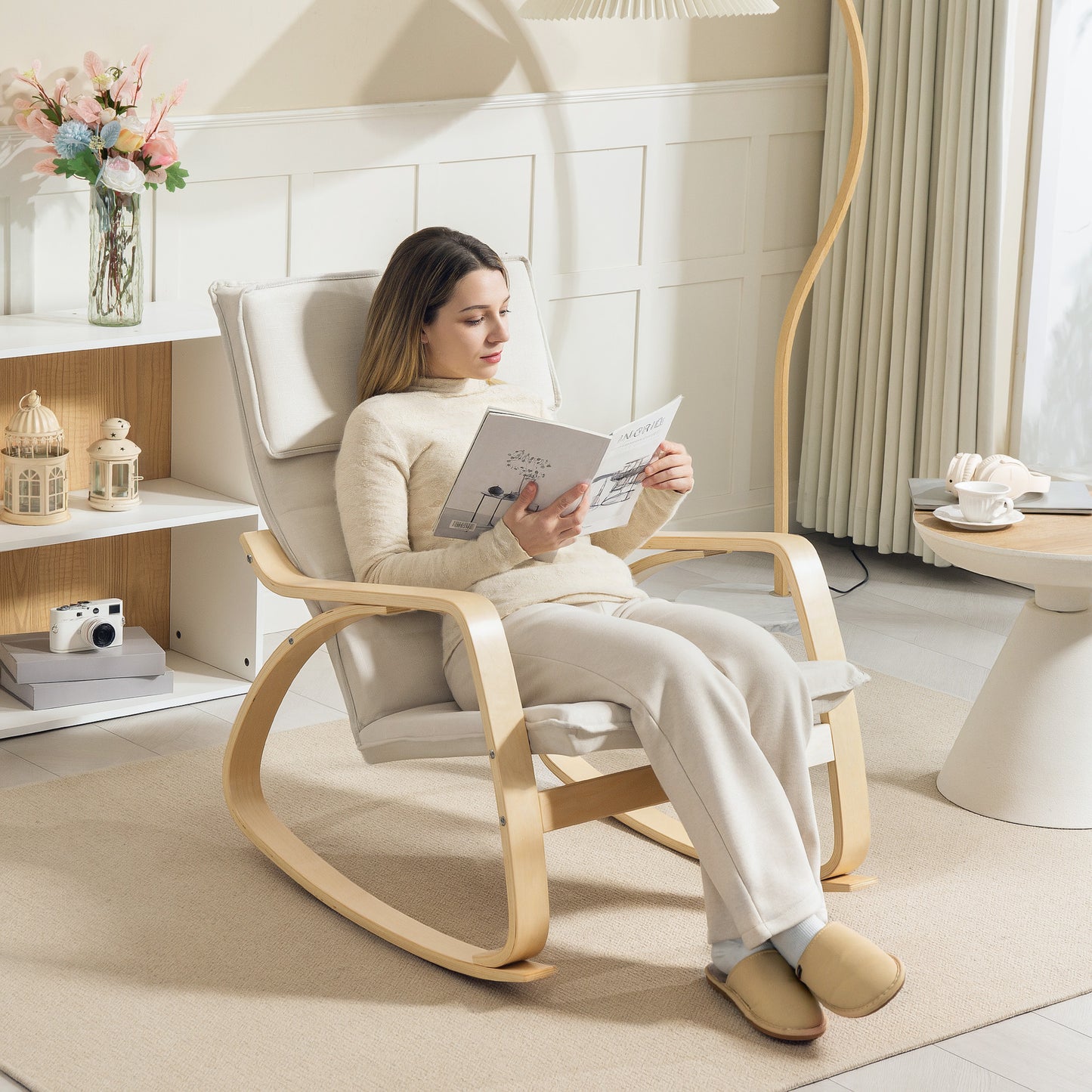 HOMCOM Comfortable Upholstered Rocking Chair Recliner With High Back And Headrest In Cream White For Living Room Bedroom