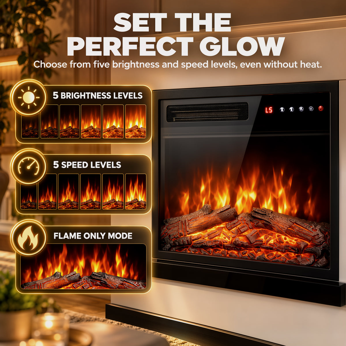 Electric fireplace close-up showing glowing flames behind black glass front