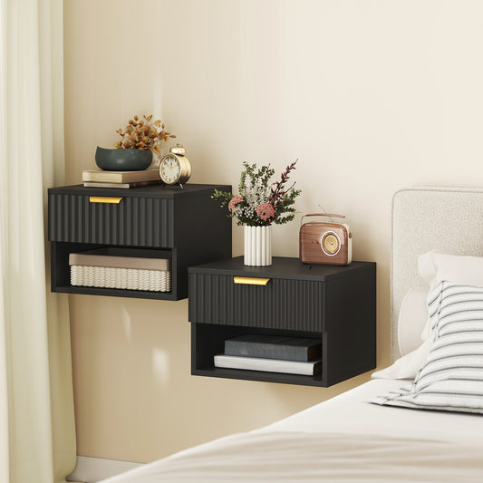HOMCOM Floating Nightstands Set of 2 Modern Wall Mounted Bedside Tables Black Space Saving