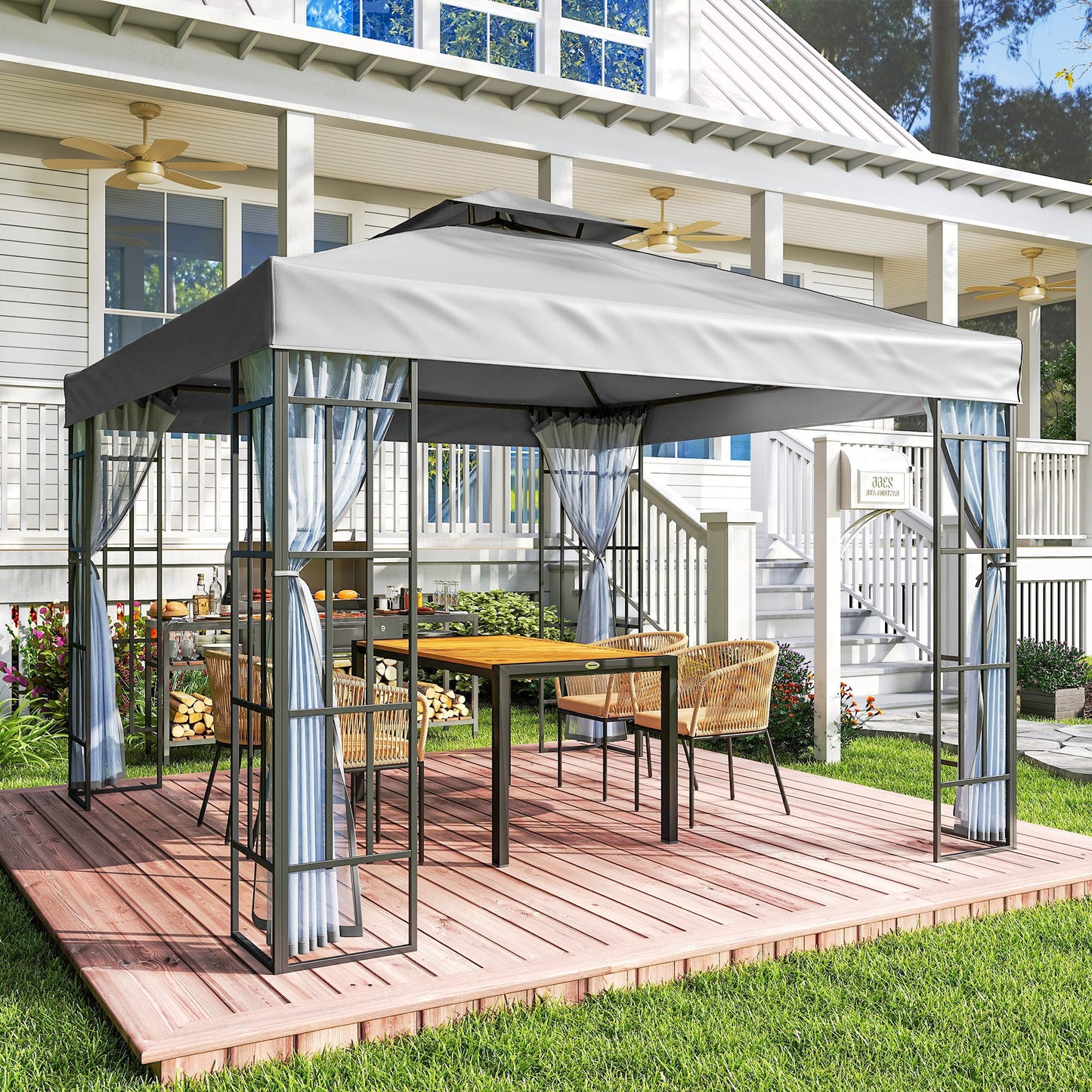 Outsunny 3x3m Patio Gazebo Canopy Garden Pavilion Tent Shelter With Mosquito Netting 2 Tier Roof Light Grey