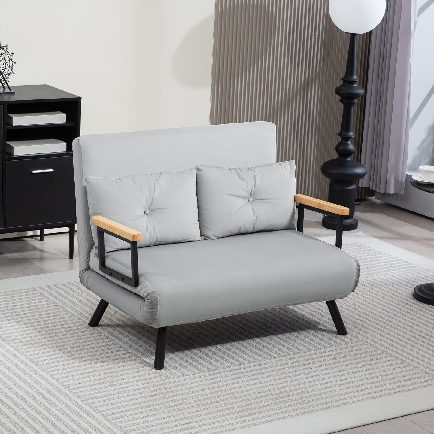 HOMCOM 4 in 1 Velvet Feel Double Sofa Bed With Pillows In Light Grey Steel Frame Five Position Back Thick Foam Padding